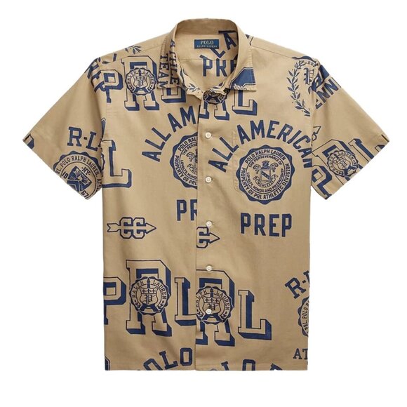 Polo Ralph Lauren‎ Linen/Cotton Camp Shirt American Prep Spellout Beige NWOT MED - Picture 1 of 11